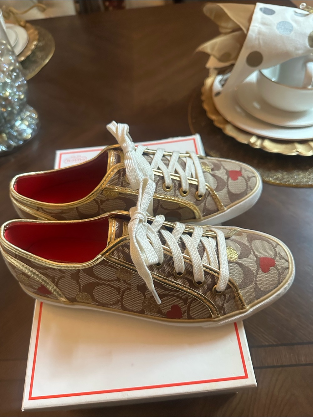 Slightly Worn Size 8Coach Beige Signature Canvas Sneakers with Red Heart Accents - Picture 2 of 8